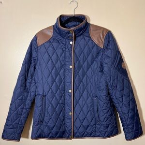 Ralph Lauren Blue Quilted Coat with tan leather elbows and shoulder detail